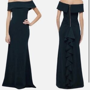 Betsy & Adam Off The Shoulder Pine Green Ruffle Bow Back Gown Size 10